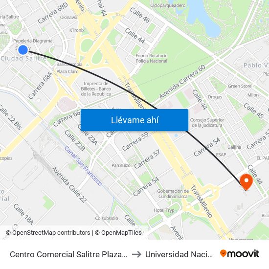 Centro Comercial Salitre Plaza (Av. La Esperanza - Kr 68b) to Universidad Nacional De Colombia map