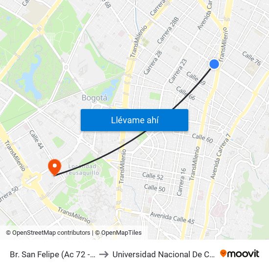 Br. San Felipe (Ac 72 - Kr 17) to Universidad Nacional De Colombia map