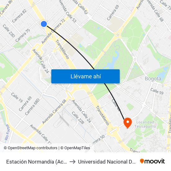 Estación Normandía (Ac 26 - Kr 74) to Universidad Nacional De Colombia map