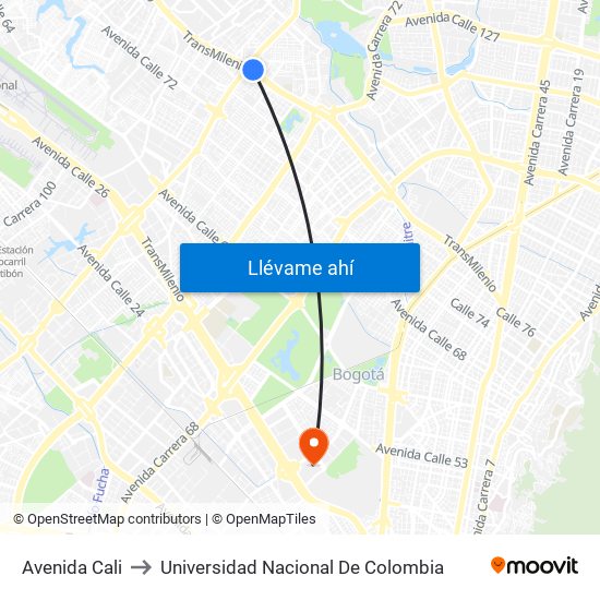 Avenida Cali to Universidad Nacional De Colombia map