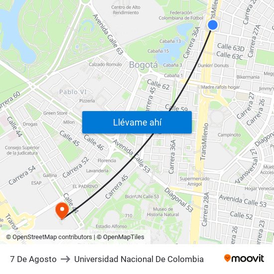 7 De Agosto to Universidad Nacional De Colombia map