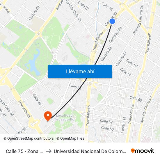 Calle 75 - Zona M to Universidad Nacional De Colombia map