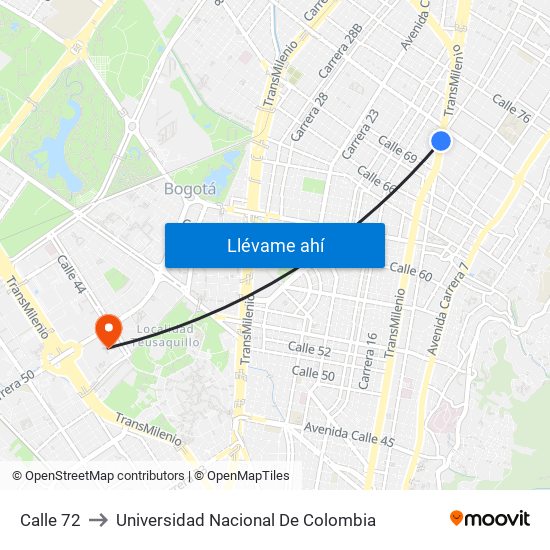 Calle 72 to Universidad Nacional De Colombia map