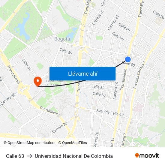 Calle 63 to Universidad Nacional De Colombia map