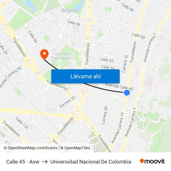 Calle 45 - Asw to Universidad Nacional De Colombia map