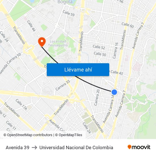 Avenida 39 to Universidad Nacional De Colombia map