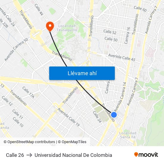 Calle 26 to Universidad Nacional De Colombia map