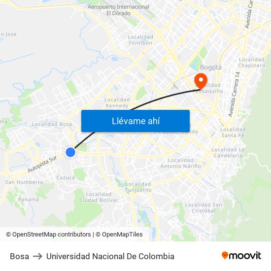 Bosa to Universidad Nacional De Colombia map