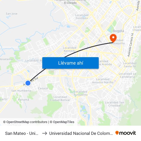 San Mateo - Unisur to Universidad Nacional De Colombia map