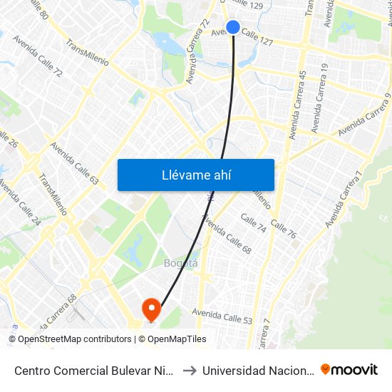 Centro Comercial Bulevar Niza (Ac 127 - Av. Suba) to Universidad Nacional De Colombia map