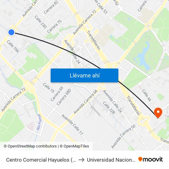 Centro Comercial Hayuelos (Av. C. De Cali - Cl 20) to Universidad Nacional De Colombia map