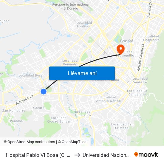 Hospital Pablo VI Bosa (Cl 63 Sur - Kr 77g) (A) to Universidad Nacional De Colombia map