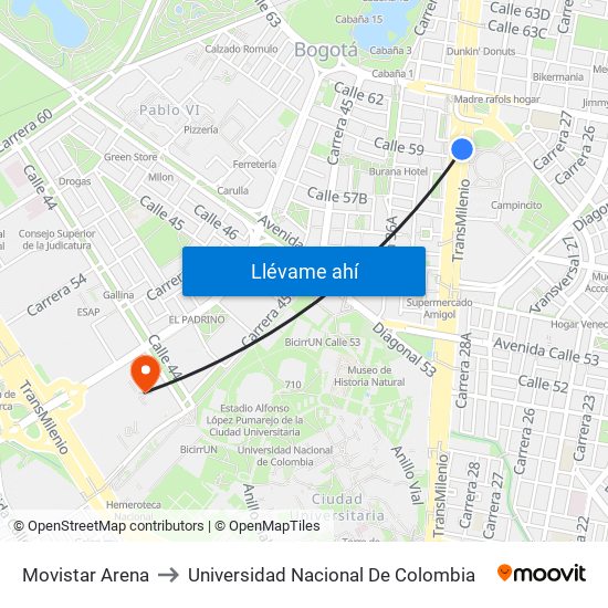 Movistar Arena to Universidad Nacional De Colombia map