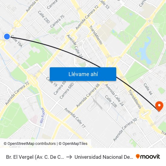 Br. El Vergel (Av. C. De Cali - Cl 18) to Universidad Nacional De Colombia map