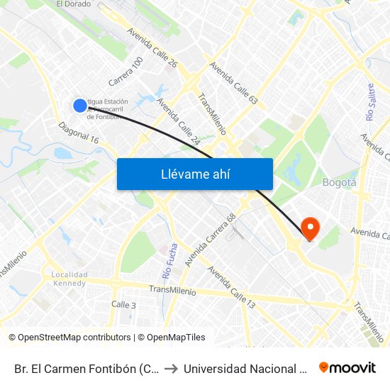 Br. El Carmen Fontibón (Cl 17 - Kr 100) to Universidad Nacional De Colombia map
