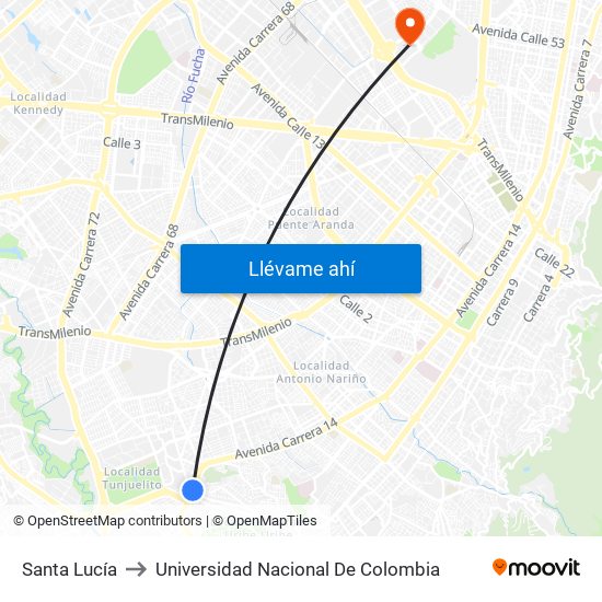 Santa Lucía to Universidad Nacional De Colombia map
