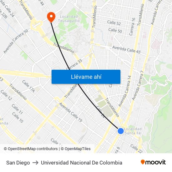 San Diego to Universidad Nacional De Colombia map
