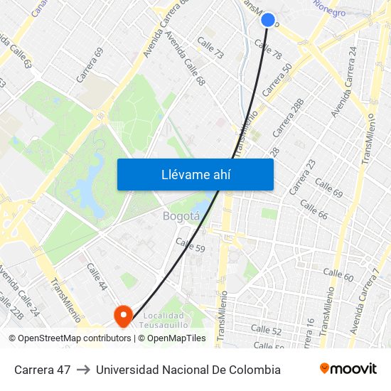 Carrera 47 to Universidad Nacional De Colombia map