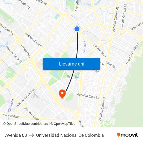 Avenida 68 to Universidad Nacional De Colombia map