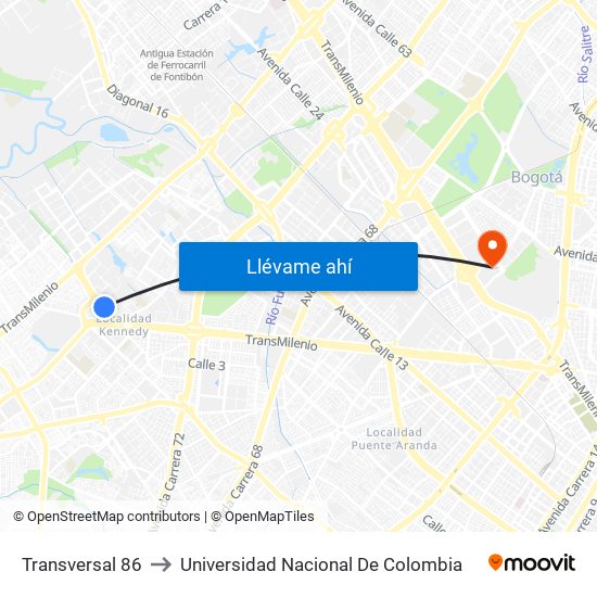 Transversal 86 to Universidad Nacional De Colombia map