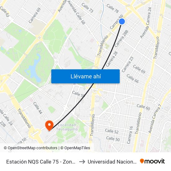 Estación NQS Calle 75 - Zona M (Av. NQS - Cl 75) to Universidad Nacional De Colombia map