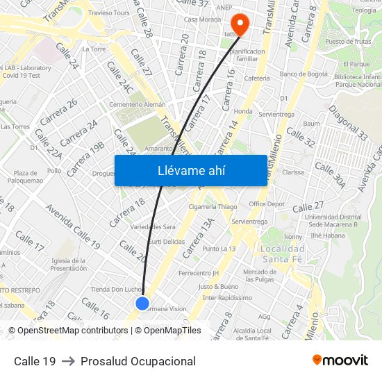 Calle 19 to Prosalud Ocupacional map