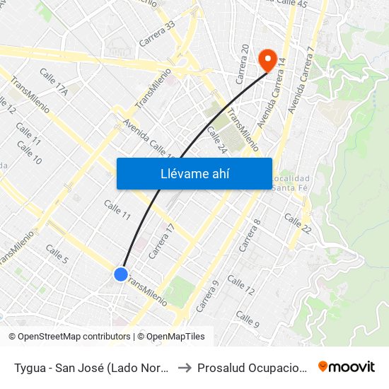 Tygua - San José (Lado Norte) to Prosalud Ocupacional map