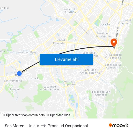 San Mateo - Unisur to Prosalud Ocupacional map