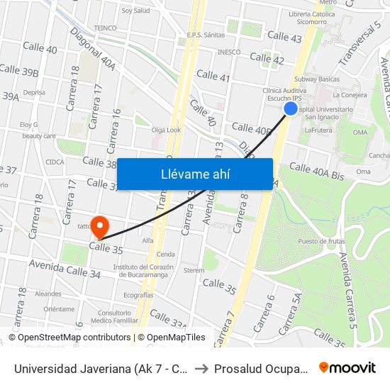 Universidad Javeriana (Ak 7 - Cl 40) (B) to Prosalud Ocupacional map