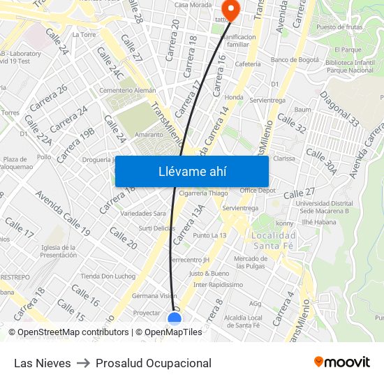Las Nieves to Prosalud Ocupacional map