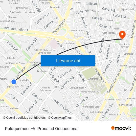 Paloquemao to Prosalud Ocupacional map