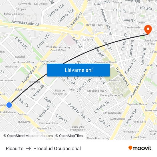 Ricaurte to Prosalud Ocupacional map