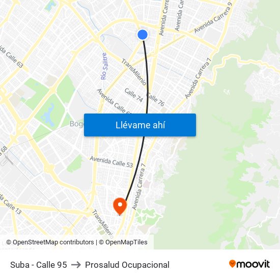 Suba - Calle 95 to Prosalud Ocupacional map