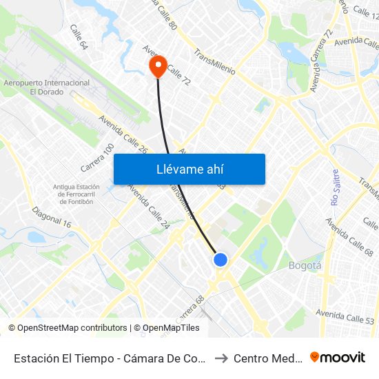 Estación El Tiempo - Cámara De Comercio De Bogotá (Ac 26 - Kr 68b Bis) to Centro Medico Colsudsdio map