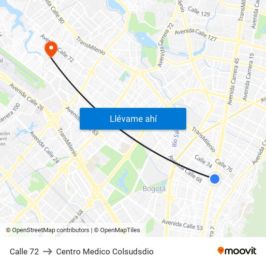 Calle 72 to Centro Medico Colsudsdio map