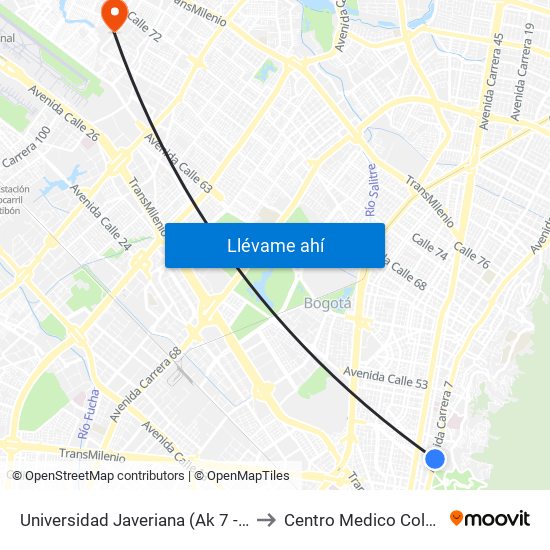 Universidad Javeriana (Ak 7 - Cl 40) (B) to Centro Medico Colsudsdio map