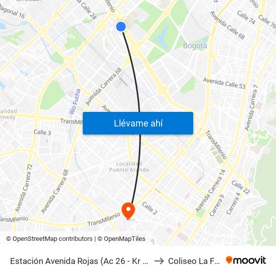 Estación Avenida Rojas (Ac 26 - Kr 69d Bis) (B) to Coliseo La Fragua map