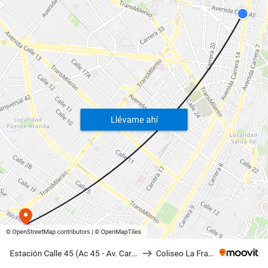 Estación Calle 45 (Ac 45 - Av. Caracas) to Coliseo La Fragua map
