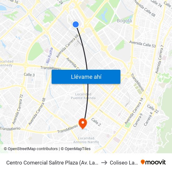 Centro Comercial Salitre Plaza (Av. La Esperanza - Kr 68b) to Coliseo La Fragua map