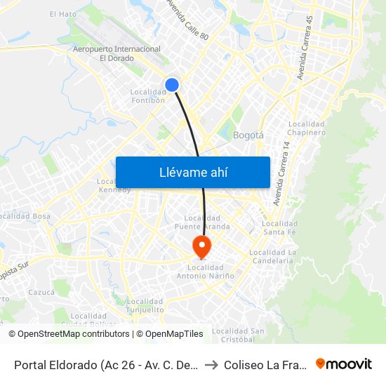 Portal Eldorado (Ac 26 - Av. C. De Cali) to Coliseo La Fragua map