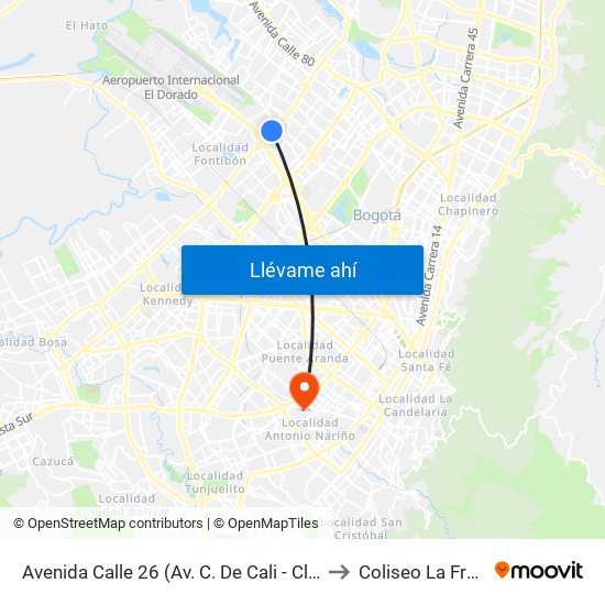 Avenida Calle 26 (Av. C. De Cali - Cl 51) (A) to Coliseo La Fragua map
