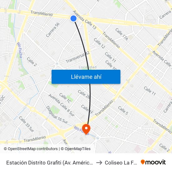 Estación Distrito Grafiti (Av. Américas - Kr 53a) to Coliseo La Fragua map