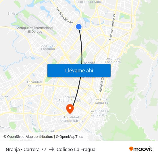 Granja - Carrera 77 to Coliseo La Fragua map