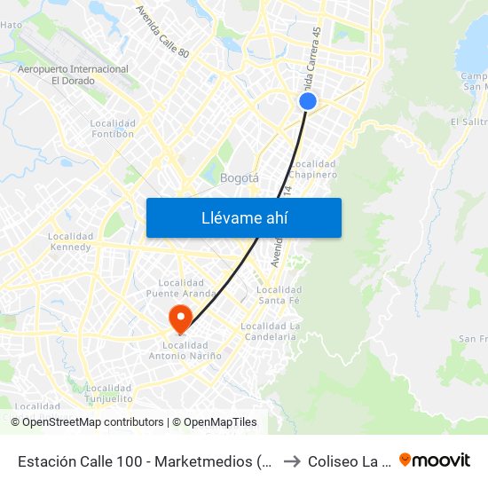 Estación Calle 100 - Marketmedios (Auto Norte - Cl 98) to Coliseo La Fragua map
