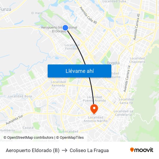 Aeropuerto Eldorado (B) to Coliseo La Fragua map