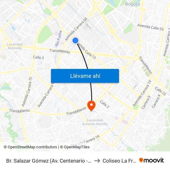 Br. Salazar Gómez (Av. Centenario - Kr 65) (A) to Coliseo La Fragua map