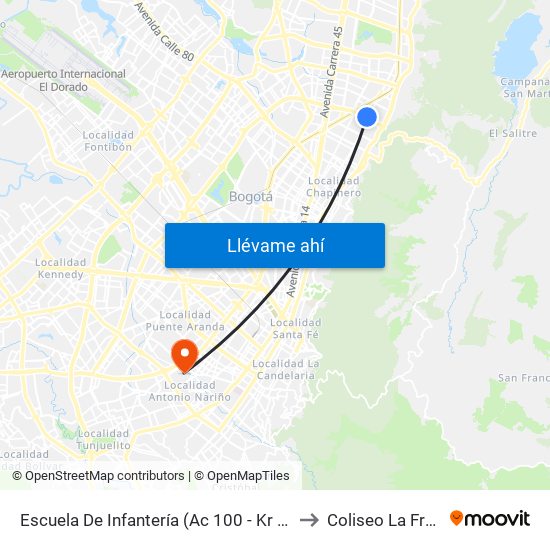 Escuela De Infantería (Ac 100 - Kr 11a) (B) to Coliseo La Fragua map