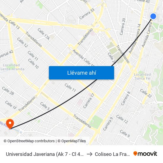 Universidad Javeriana (Ak 7 - Cl 40) (B) to Coliseo La Fragua map