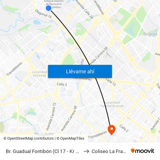 Br. Guadual Fontibón (Cl 17 - Kr 96h) to Coliseo La Fragua map