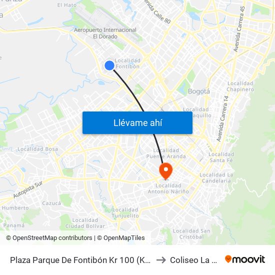Plaza Parque De Fontibón Kr 100 (Kr 100 - Cl 17a) to Coliseo La Fragua map